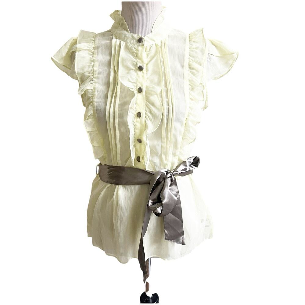 Dimri Y2K Yellow Ruffled Button Front Blouse Satin Tie Sash Size Medium Sheer